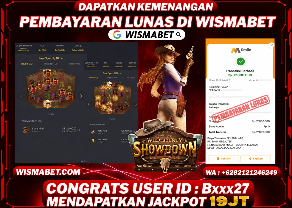 Wismabet - BUKTI KEMENANGAN Wild Bounty Showdown Rp19,000,000,- LUNAS